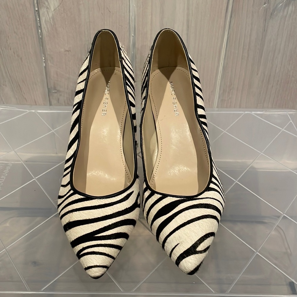 Marc Fisher pony hair zebra striped stacked heels